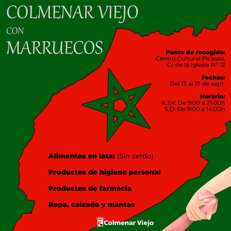 Ampliar 'Colmenar Viejo con Marruecos: el ayuntamiento habilita un punto de recogida de alimentos, productos de higiene, farmacia y ropa'