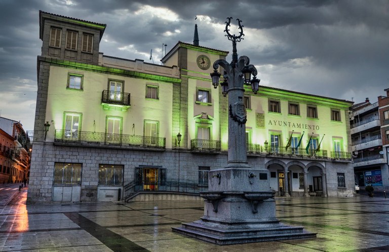 Ampliar 'La fachada del Ayuntamiento se tiñe de verde por el Día Mundial contra la Esclerosis Lateral Amiotrófica'